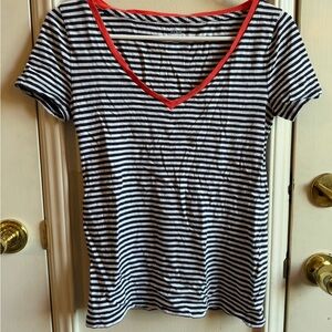 Women's Black and White Striped Top with Red Trim